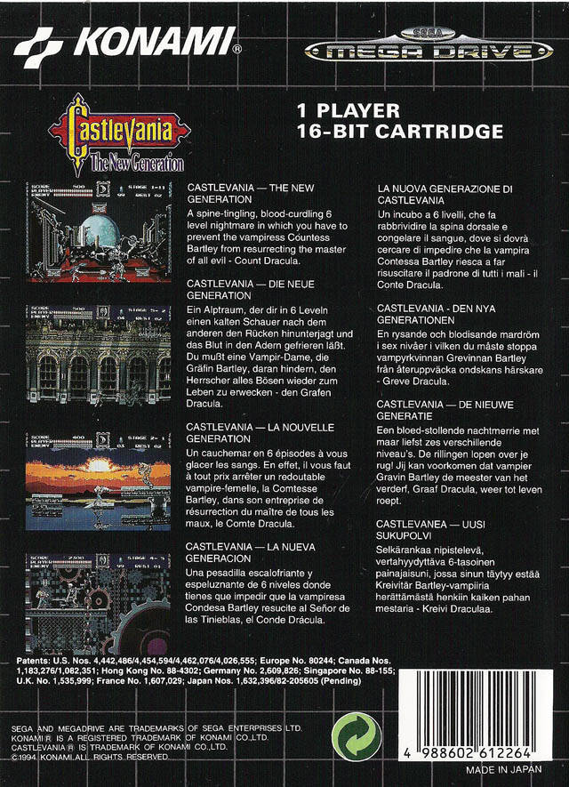 Back boxart of the game Castlevania - The New Generation (Europe) on Sega Megadrive