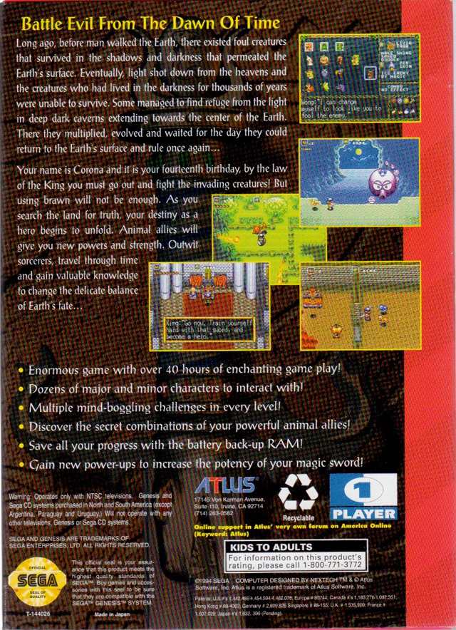 Back boxart of the game Crusader of Centy (United States) on Sega Megadrive