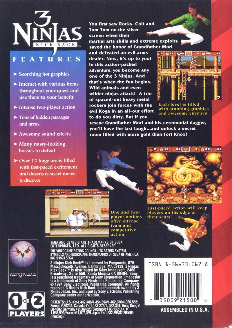Back boxart of the game 3 Ninjas Kick Back (United States) on Sega Megadrive