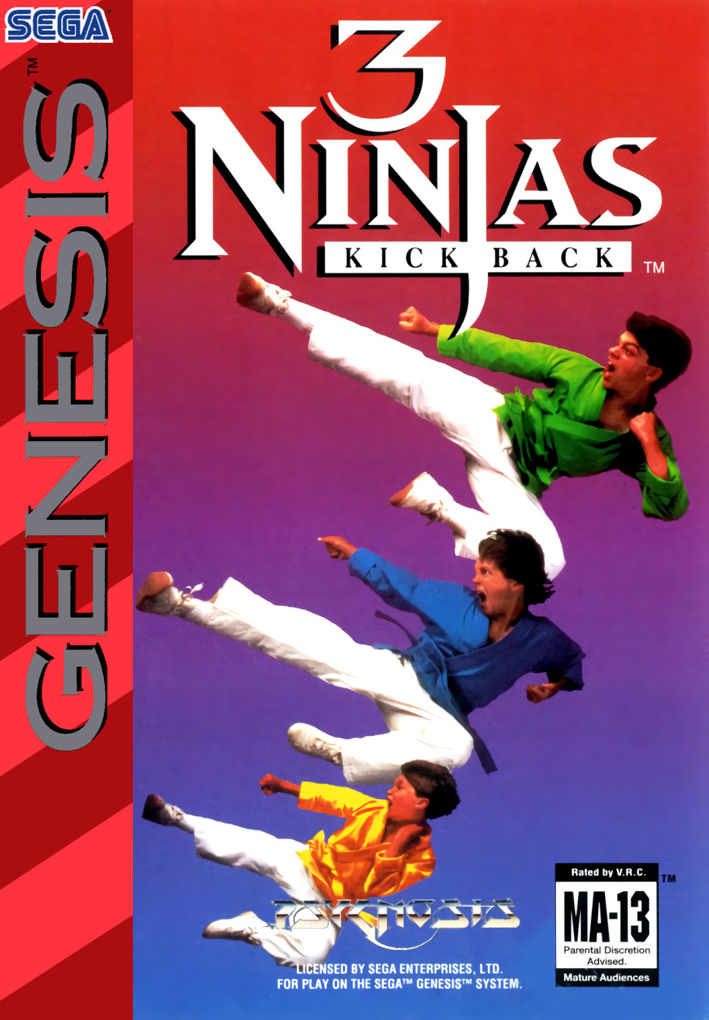 Front boxart of the game 3 Ninjas Kick Back (United States) on Sega Megadrive