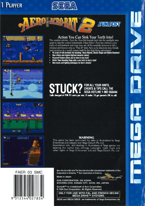 Back boxart of the game Aero the Acro-Bat 2 (Australia) on Sega Megadrive