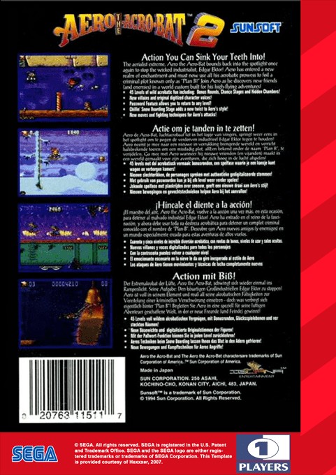 Back boxart of the game Aero the Acro-Bat 2 (United States) on Sega Megadrive
