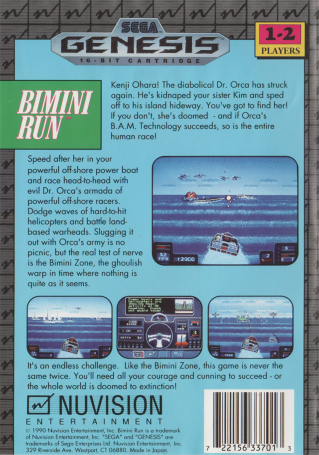Back boxart of the game Bimini Run (United States) on Sega Megadrive