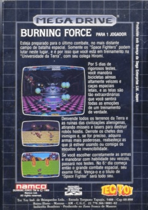 Back boxart of the game Burning Force (Brazil) on Sega Megadrive