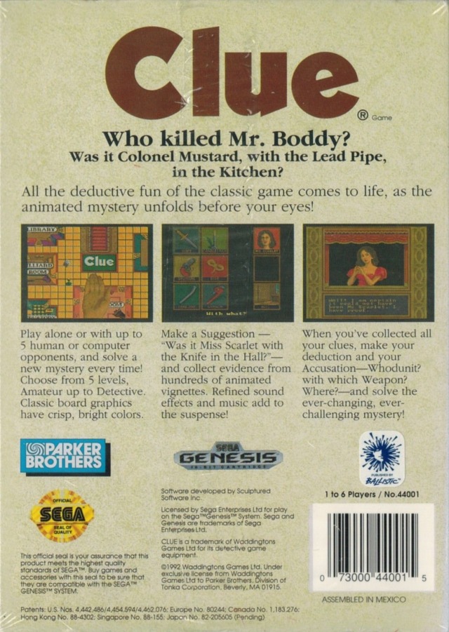 Back boxart of the game Clue (United States) on Sega Megadrive