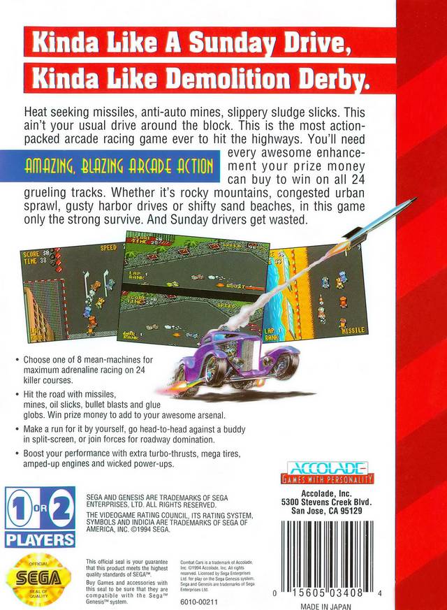 Back boxart of the game Combat Cars (United States) on Sega Megadrive