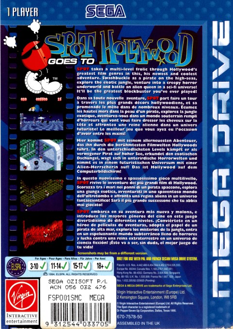 Back boxart of the game Spot Goes To Hollywood (Australia) on Sega Megadrive