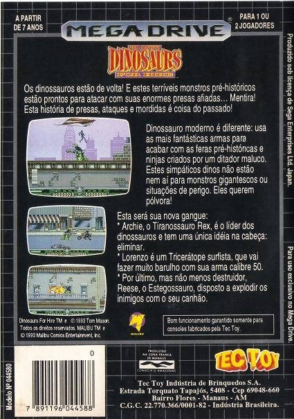 Back boxart of the game Tom Mason's Dinosaurs for Hire (South America) on Sega Megadrive