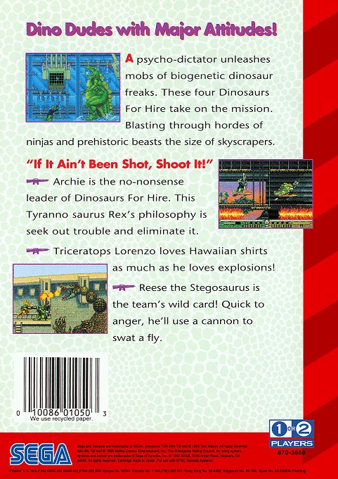 Back boxart of the game Tom Mason's Dinosaurs for Hire (United States) on Sega Megadrive