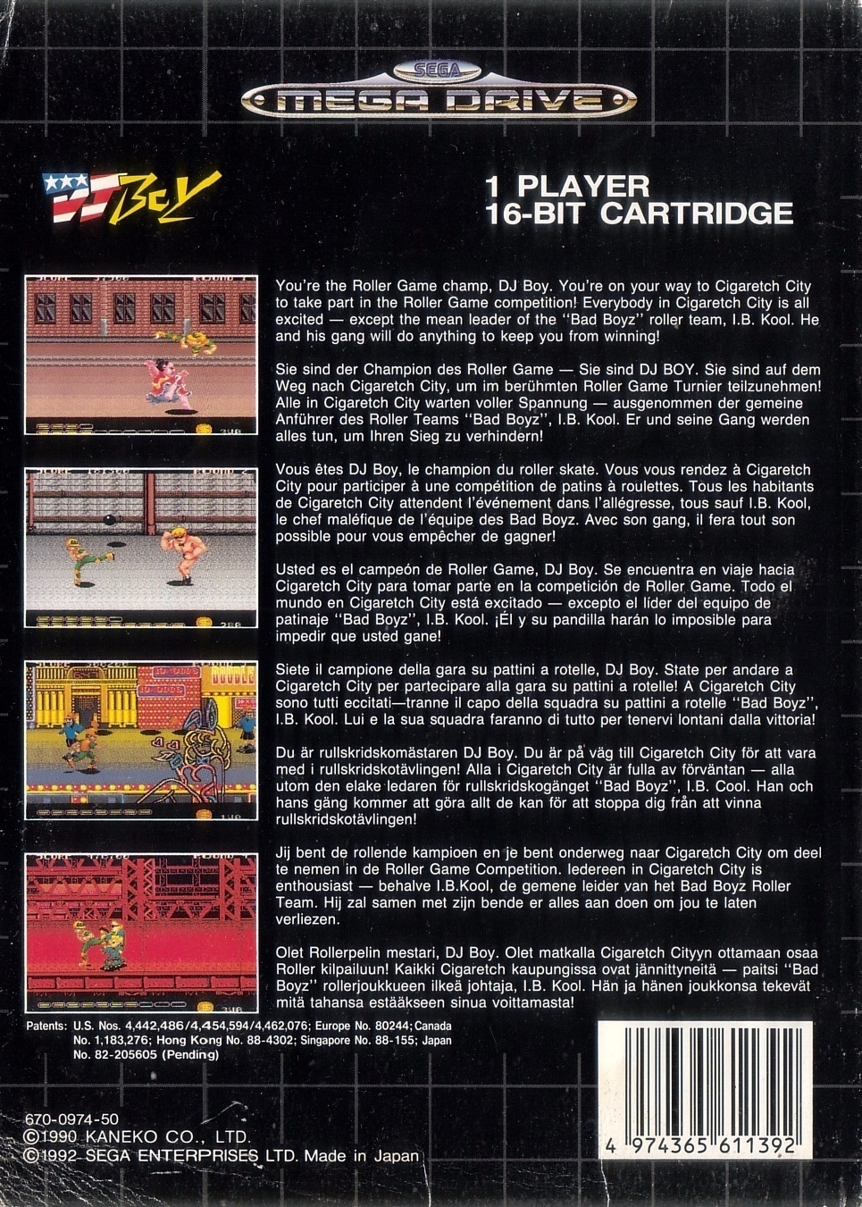 Back boxart of the game DJ Boy (Europe) on Sega Megadrive
