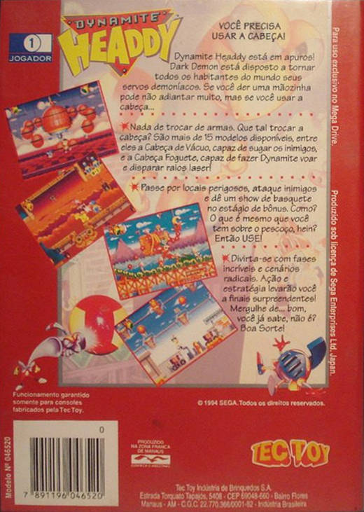 Back boxart of the game Dynamite Headdy (South America) on Sega Megadrive