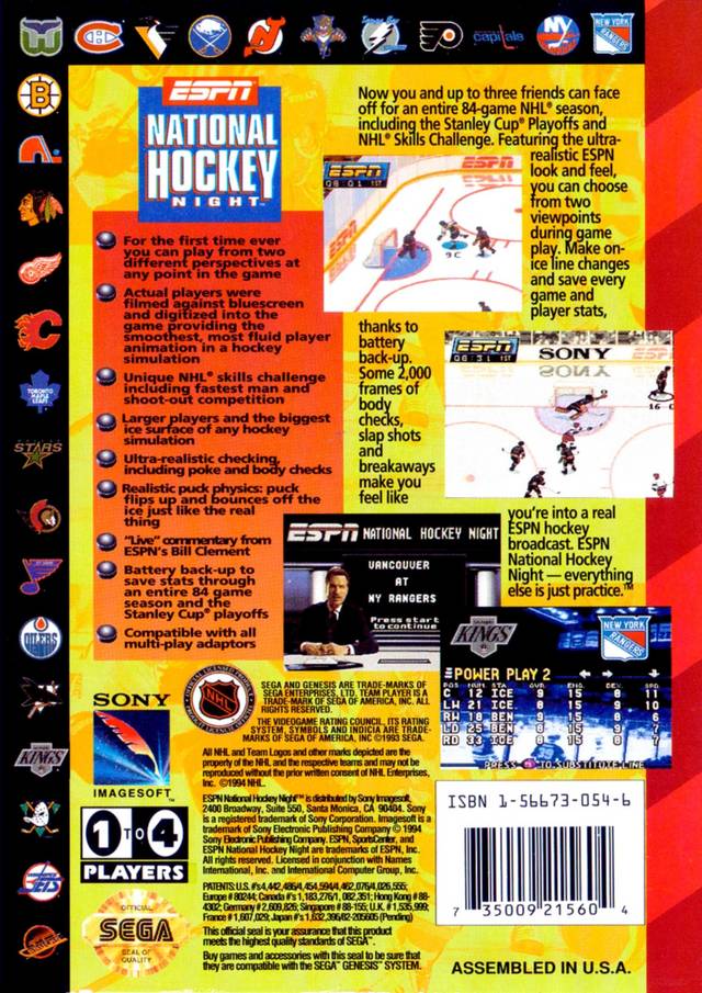 Back boxart of the game ESPN National Hockey Night (United States) on Sega Megadrive