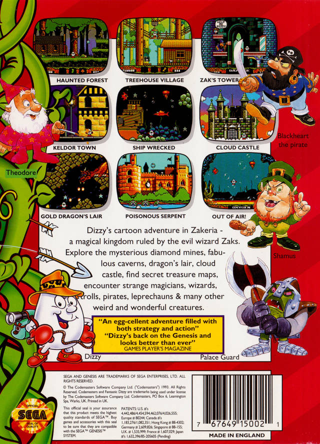 Back boxart of the game Fantastic Dizzy (United States) on Sega Megadrive