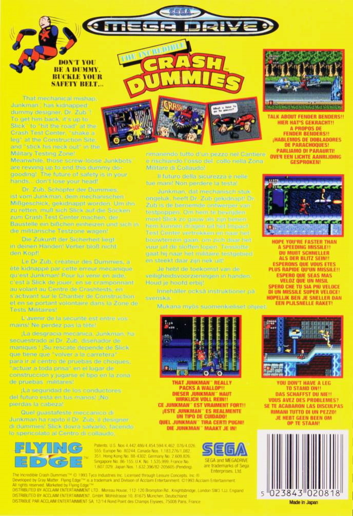 Back boxart of the game Incredible Crash Dummies, The (Europe) on Sega Megadrive
