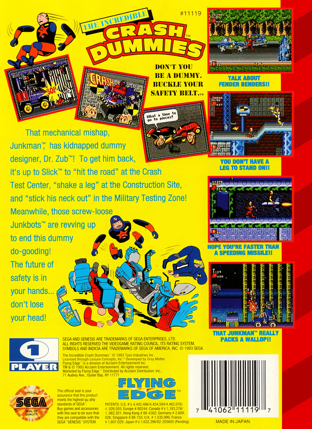 Back boxart of the game Incredible Crash Dummies, The (United States) on Sega Megadrive