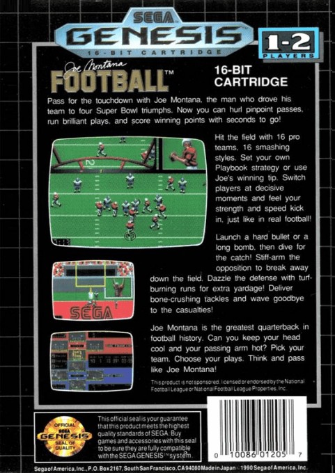 Back boxart of the game Joe Montana Football (United States) on Sega Megadrive