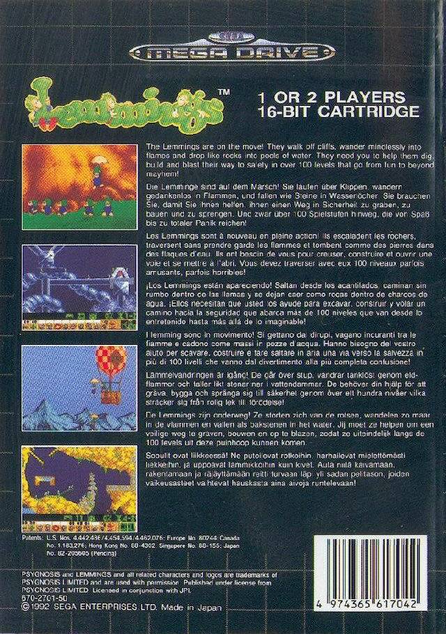 Back boxart of the game Lemmings (Europe) on Sega Megadrive