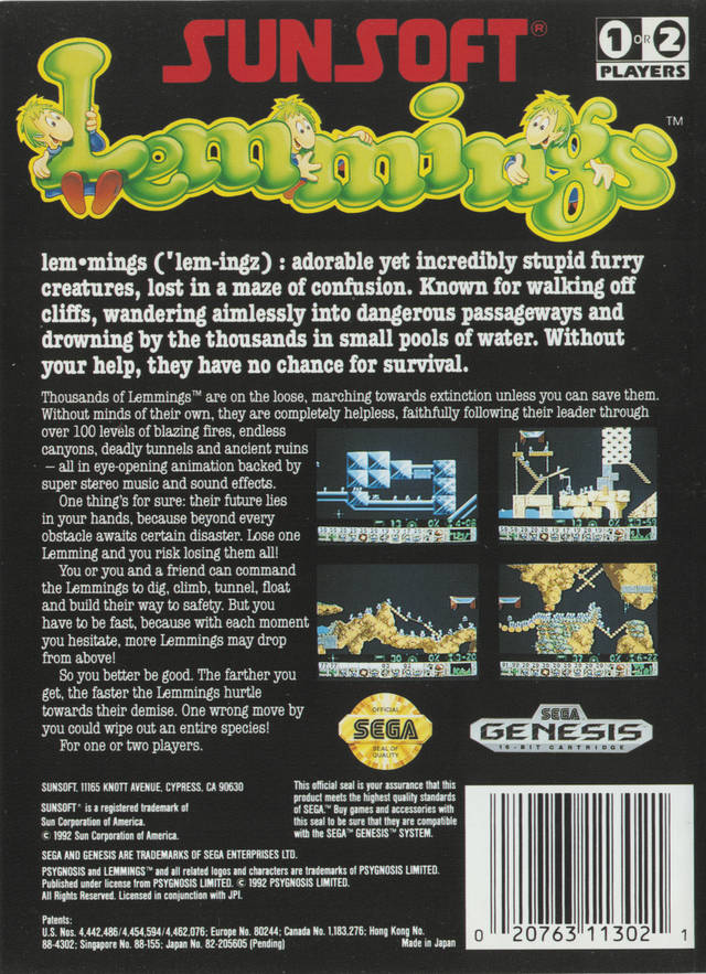Back boxart of the game Lemmings (United States) on Sega Megadrive
