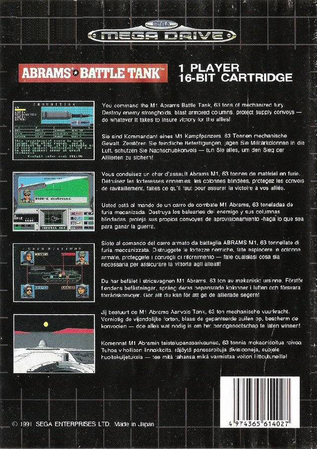 Back boxart of the game M-1 Abrams Battle Tank (Europe) on Sega Megadrive