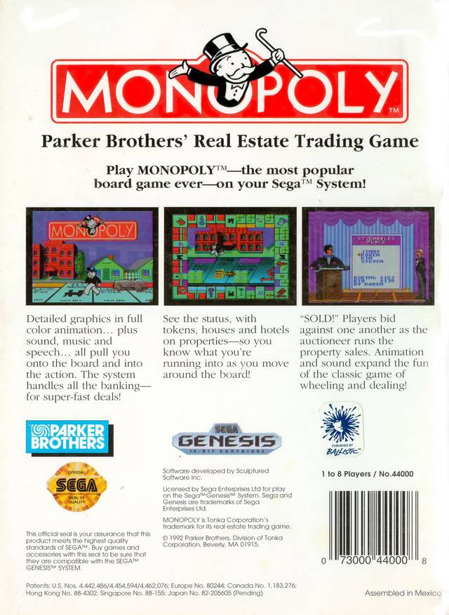 Back boxart of the game Monopoly (United States) on Sega Megadrive