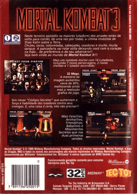 Back boxart of the game Mortal Kombat 3 (Brazil) on Sega Megadrive