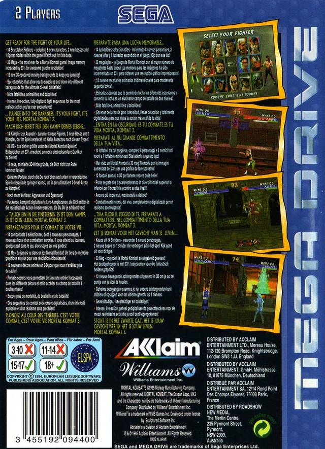 Back boxart of the game Mortal Kombat 3 (Europe) on Sega Megadrive