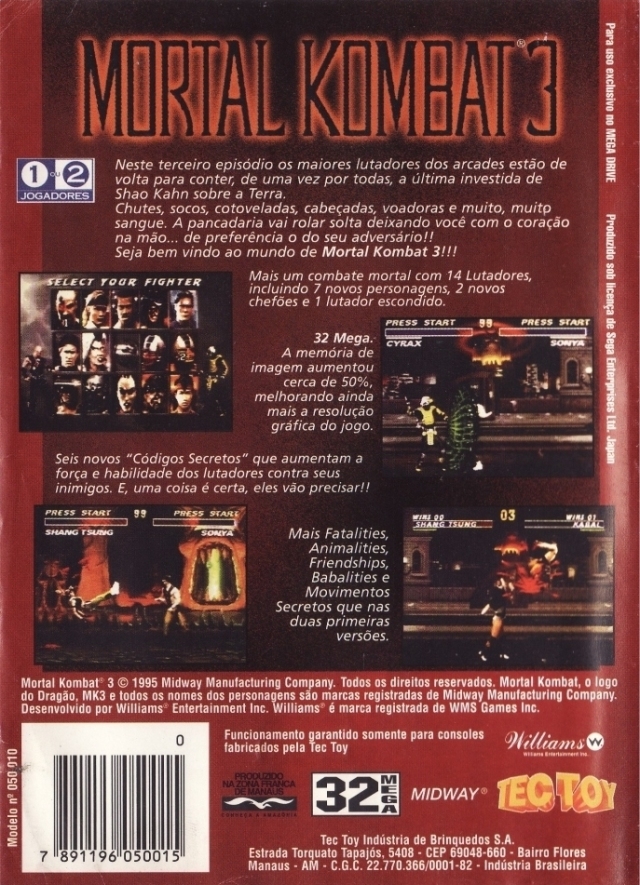 Back boxart of the game Mortal Kombat 3 (South America) on Sega Megadrive