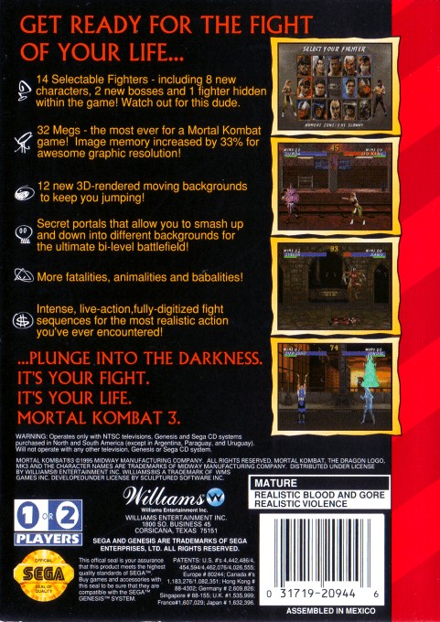 Back boxart of the game Mortal Kombat 3 (United States) on Sega Megadrive
