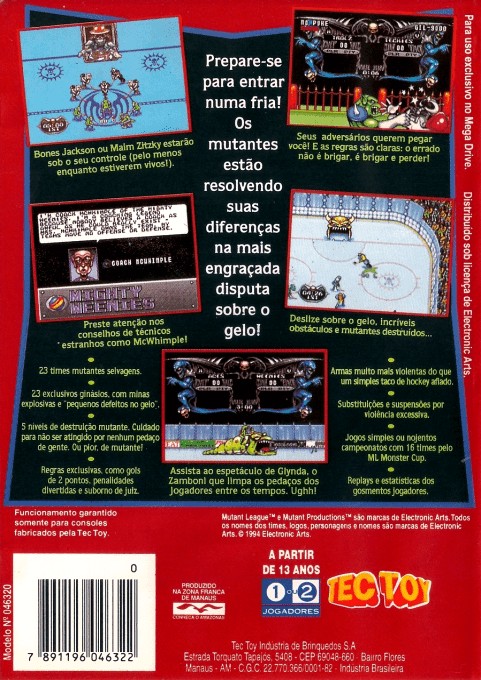 Back boxart of the game Mutant League Hockey (Brazil) on Sega Megadrive