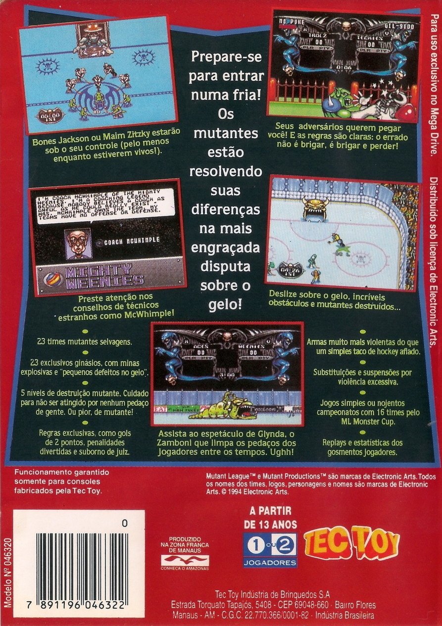 Back boxart of the game Mutant League Hockey (South America) on Sega Megadrive