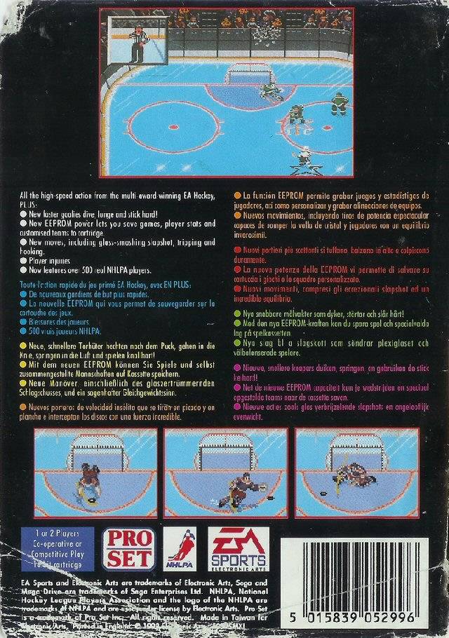 Back boxart of the game NHLPA Hockey 93 (Europe) on Sega Megadrive