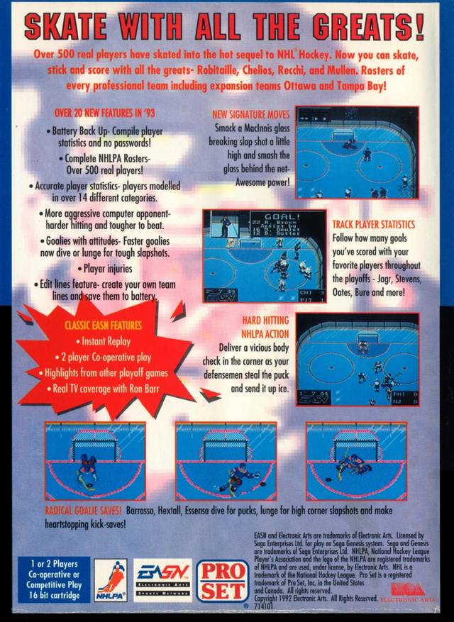 Back boxart of the game NHLPA Hockey 93 (United States) on Sega Megadrive