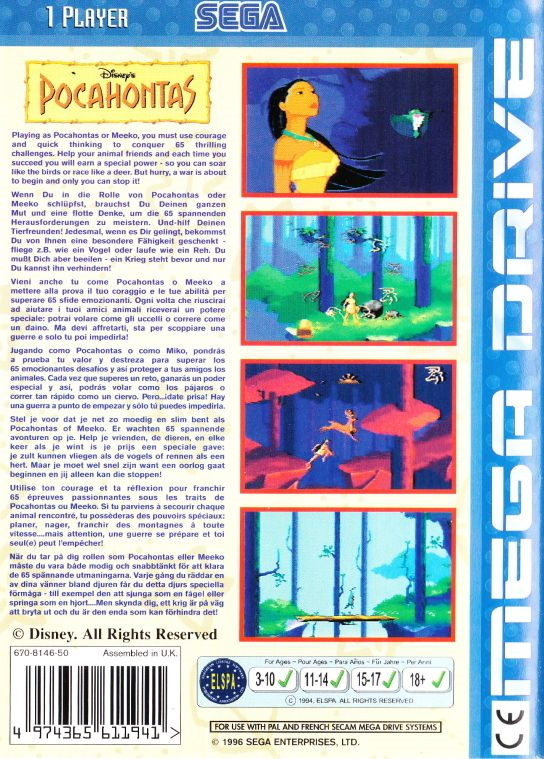 Back boxart of the game Pocahontas (Europe) on Sega Megadrive
