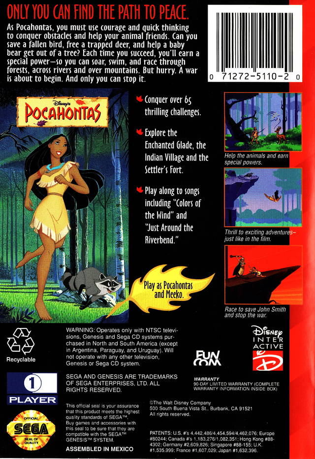 Back boxart of the game Pocahontas (United States) on Sega Megadrive