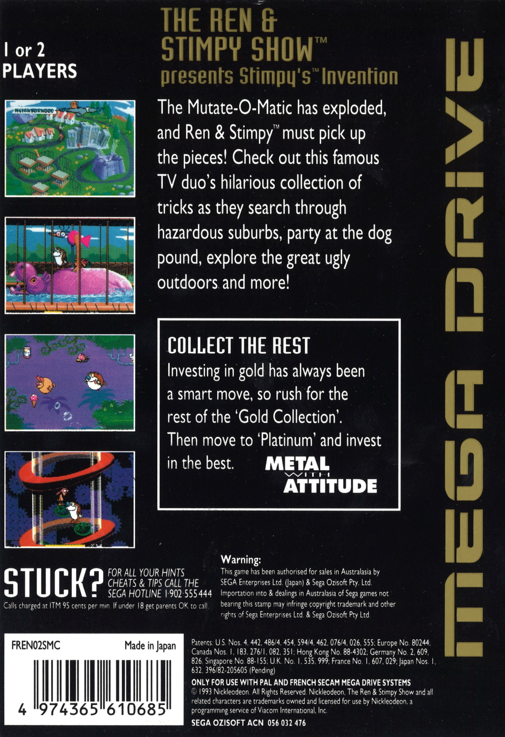 Back boxart of the game Ren and Stimpy Show, The - Stimpy's Invention (Australia) on Sega Megadrive