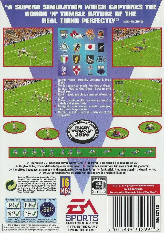 Back boxart of the game Rugby World Cup 1995 (Europe) on Sega Megadrive