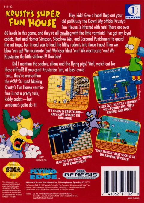 Back boxart of the game Krusty's Super Fun House (United States) on Sega Megadrive