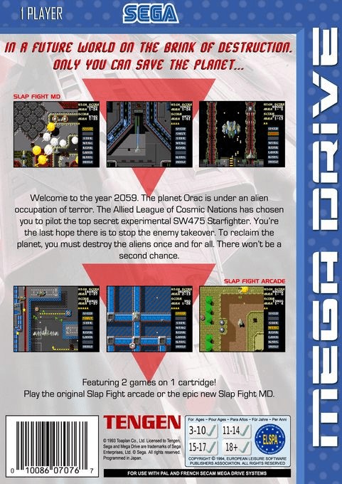 Back boxart of the game Slap Fight MD (Europe) on Sega Megadrive