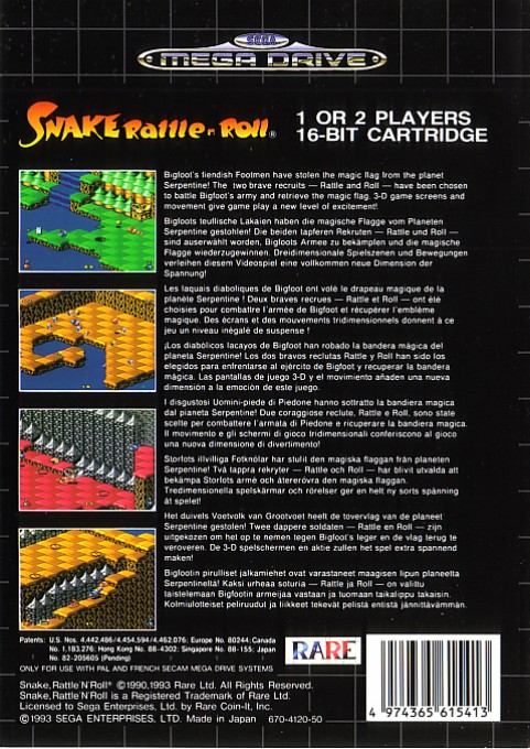 Back boxart of the game Snake Rattle n Roll (Europe) on Sega Megadrive