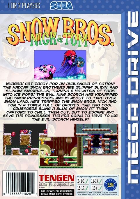 Back boxart of the game Snow Bros. (Europe) on Sega Megadrive