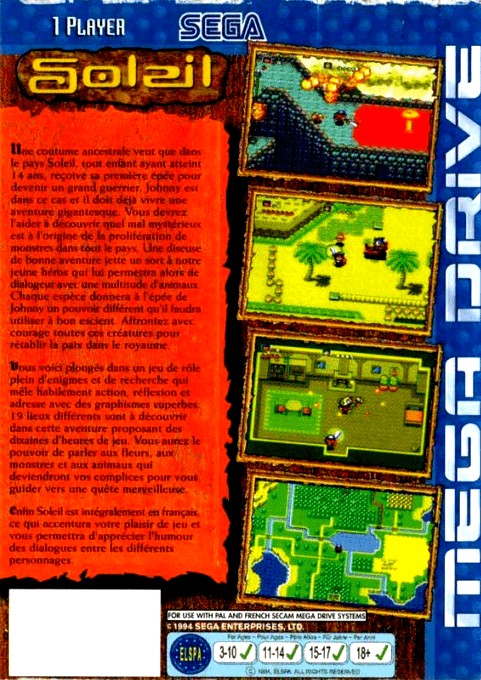 Back boxart of the game Soleil (France) on Sega Megadrive