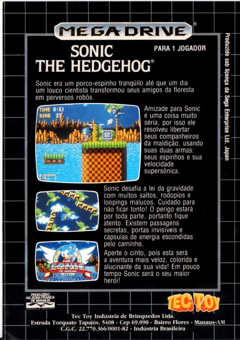 Back boxart of the game Sonic the Hedgehog (Brazil) on Sega Megadrive