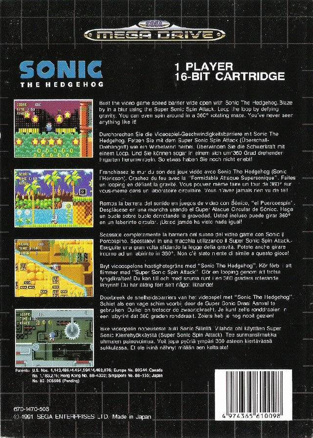 Back boxart of the game Sonic the Hedgehog (Europe) on Sega Megadrive