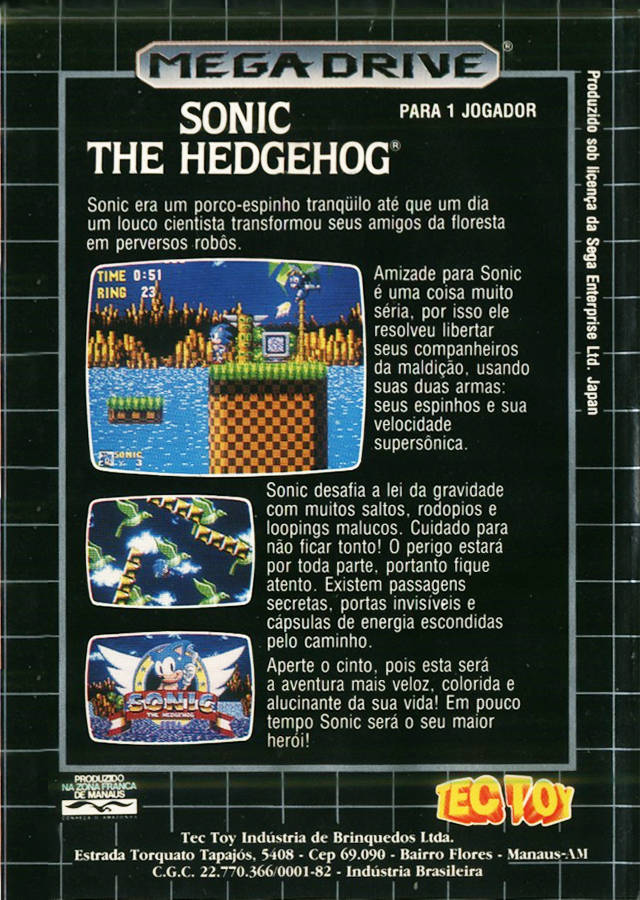 Back boxart of the game Sonic the Hedgehog (South America) on Sega Megadrive