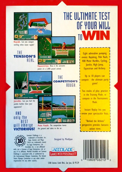 Back boxart of the game Summer Challenge (United States) on Sega Megadrive