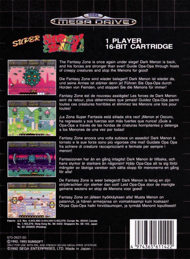 Back boxart of the game Super Fantasy Zone (Europe) on Sega Megadrive