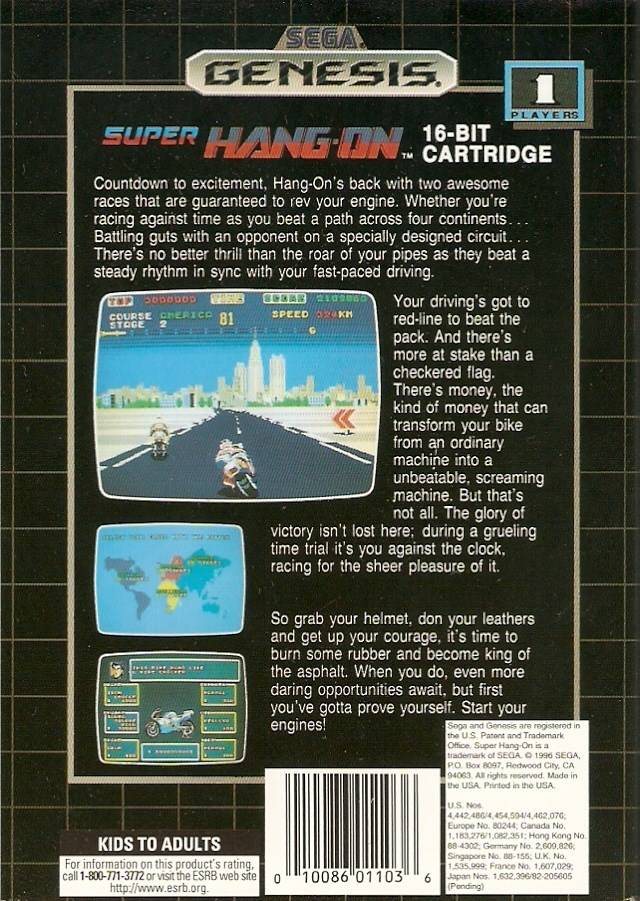 Back boxart of the game Super Hang-On (United States) on Sega Megadrive