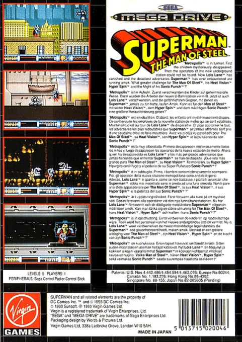 Back boxart of the game Superman (Europe) on Sega Megadrive