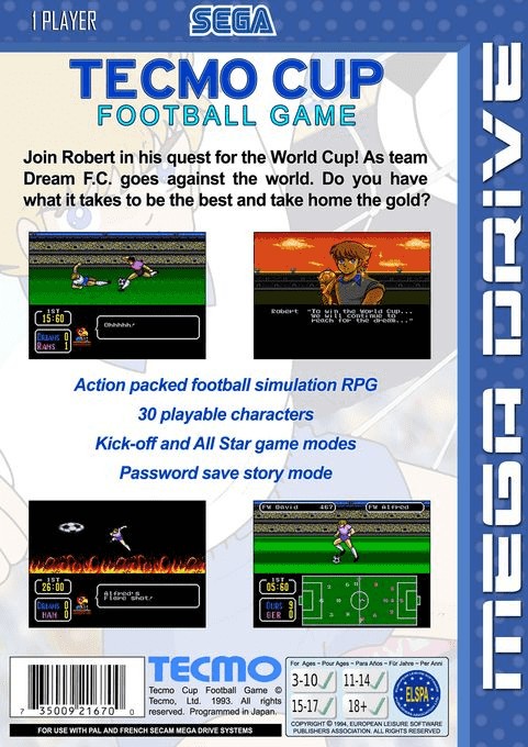 Back boxart of the game Tecmo Cup Football Game (Europe) on Sega Megadrive