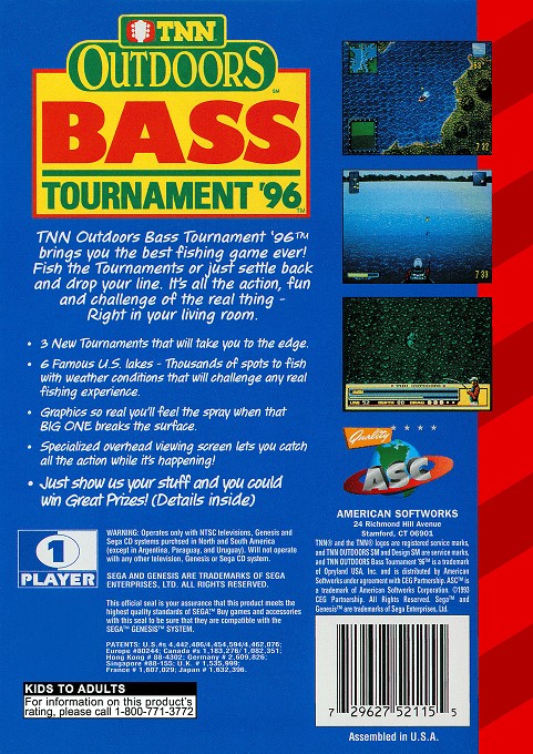Back boxart of the game TNN Outdoors Bass Tournament '96 (United States) on Sega Megadrive